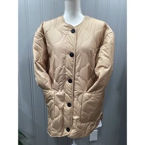 ON BLUE Quilted Snap Front Jacket Beige Long Sleeve Collarless Pockets Women M